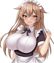 1girl alternate_costume apron black_dress blush breasts brown_eyes brown_hair dress enmaided frilled_apron frills hair_flaps hair_ribbon highres kantai_collection large_breasts long_hair looking_at_viewer maid maid_apron maid_headdress montemasa murasame_(kancolle) murasame_kai_ni_(kancolle) open_mouth red_eyes ribbon smile twintails waist_apron white_apron white_background