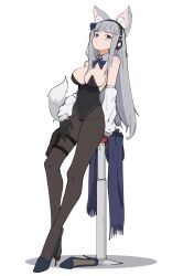 109kpm 1girl absurdres alternate_costume animal_ear_fluff animal_ears arm_warmers bar_stool bkornblume black_gloves black_leotard black_pantyhose black_shoes blue_bow blue_bowtie blue_eyes blue_flower blue_scarf bow bowtie breasts closed_mouth detached_collar dot_mouth flower fox_ears fox_girl fox_tail full_body gloves grey_hair hair_flower hair_ornament hand_on_own_thigh headphones high_heels highres holster kemonomimi_mode large_breasts leaning_on_object leotard long_hair looking_at_viewer pantyhose reverse:1999 scarf shoes single_shoe solo stool tail thigh_holster unworn_scarf unworn_shoes very_long_hair white_arm_warmers white_background