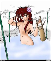 1girl 2000 breasts dated female_focus flower gender_request genderswap hair_flower hair_ornament long_hair nude ranma-chan ranma_1/2 saotome_ranma solo