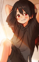 1boy arms_up black_hair black_hoodie black_shorts blush commentary_request dot_nose double-parted_bangs drawstring far_tarooo grin hair_between_eyes highres hood hood_down hoodie male_focus original red_eyes shiro_(far_tarooo) short_sleeves shorts smile solo teeth