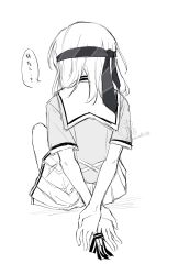 1girl absurdres arms_behind_back bang_dream! bang_dream!_it&#039;s_mygo!!!!! commentary greyscale hanasakigawa_school_uniform highres implied_yuri kaeru_(kaeee41917105) medium_hair misumi_uika monochrome pleated_skirt restrained school_uniform serafuku short_sleeves simple_background skirt solo translated white_background