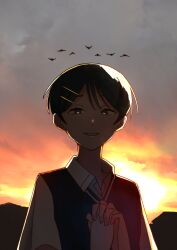 Rule 34 | 1girl, backlighting, bird, black sweater vest, blush, cloud, cloudy sky, collared shirt, dusk, futsuu no keion-bu, hair ornament, hairpin, highres, interlocked fingers, kouyama rin, own hands clasped, own hands together, parted bangs, parted lips, pixie cut, sasayamaojisan, shirt, short hair, sky, smile, solo, sweater vest, upper body, white shirt, wing collar