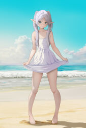 Rule 34 | 1girl, absurdres, bare shoulders, barefoot, beach, cloud, cloudy sky, collarbone, dress, earrings, elf, flat chest, frieren, gibun (sozoshu), green eyes, grey hair, highres, jewelry, long hair, looking at viewer, ocean, pointy ears, ponytail, scenery, sky, sousou no frieren, thighs, twintails, very long hair