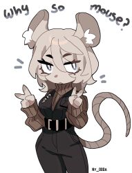 1girl animal_ear_fluff animal_ears belt black_belt black_pants black_vest blue_eyes brown_sweater cowboy_shot double_v faust_(project_moon) highres limbus_company medium_hair mouse_ears mouse_tail ny_000a open_mouth pants project_moon ribbed_sweater simple_background solo sweater tail turtleneck v vest white_background white_hair