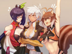 3girls animal_ears antenna_hair arc_system_works bare_shoulders belt black_hair blazblue blazblue:_chronophantasma bra breast_press breasts brown_hair bullet_(blazblue) cleavage dark-skinned_female dark_skin gauntlets glasses hand_up heart jacket lao_jiu large_breasts litchi_faye_ling long_hair makoto_nanaya multiple_girls navel panda scar semi-rimless_eyewear short_hair simple_background squirrel_ears squirrel_tail sweatdrop tail tomo_(tomorag7) under-rim_eyewear underboob underwear very_long_hair white_hair yellow_eyes