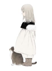 1girl aged_down animal arms_behind_back black_vest blunt_bangs cat child closed_mouth crop_top crop_top_overhang dress dungeon_meshi falin_touden falin_touden_(tallman) from_side frs2 full_body fur-trimmed_sleeves fur_trim grey_hair highres layered_sleeves long_hair long_sleeves looking_ahead pants profile sad short_over_long_sleeves short_sleeves simple_background standing vest white_background white_dress white_pants winter_clothes