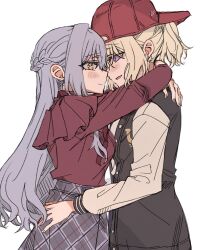 2girls arms_around_neck bang_dream! bang_dream!_it&#039;s_mygo!!!!! baseball_cap black_jacket blonde_hair blue_hair blush braid closed_mouth commentary grey_skirt half_up_braid hand_on_another&#039;s_waist hat highres jacket junjun_(kimi-la) long_hair misumi_uika multiple_girls parted_lips plaid_clothes plaid_skirt ponytail purple_eyes red_hat red_shirt shirt short_ponytail simple_background skirt smile togawa_sakiko white_background yellow_eyes yuri