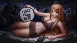 3girls 6+boys absurdres ahoge bandaid bandaid_on_face bandaid_on_nose bare_shoulders black_shirt black_shorts blurry blurry_background breasts bridget_(guilty_gear) brown_hair character_request cleavage commentary copyright_request crop_top english_commentary english_text full_body guilty_gear hair_ornament hairpin highres large_breasts long_hair looking_at_viewer lying microphone midriff multiple_boys multiple_girls navel neco-arc numanoan on_side orange_eyes original paper potemkin_(guilty_gear) second-party_source shirt shoes shorts sidelocks smile sneakers stadium street_fighter toned toned_female upper_body