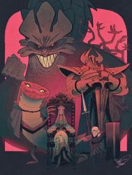 2girls 3boys armor bald cape colored_sclera crossed_legs crucible_knight elden_ring full_body gloves grillhou5e grin helmet highres lady_tanith_(elden_ring) monster multiple_boys multiple_girls patches_(fromsoftware) plate_armor polearm red_background rya_(elden_ring) rykard_lord_of_blasphemy scales shield sitting smile spear sword throne tunic weapon yellow_sclera