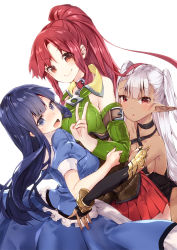 218 3girls :o blue_eyes blue_hair choker collar dark_skin dark-skinned_female elbow_gloves elf girl_sandwich gloves hug long_hair multiple_girls original pointy_ears ponytail red_eyes red_hair sandwiched silver_hair triangle_mouth v