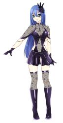 1girl alternate_costume black_lips blue_eyes blue_hair breasts cleavage covered_navel engage_kiss gloves goth_fashion highres large_breasts legs long_hair looking_at_viewer makeup see-through_clothes skirt smile solo thighs yuugiri_ayano