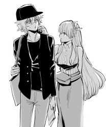 1boy 1girl anastasia_(fate) bag bare_shoulders black_jacket black_shirt bow buttons cheek_poking collared_shirt cowboy_shot fate/grand_order fate_(series) greyscale hair_between_eyes hair_bow hair_ornament hat holding holding_map jacket kadoc_zemlupus long_hair long_skirt long_sleeves looking_at_another map monochrome nobicco poking shirt short_hair shoulder_bag skirt sleeveless sleeveless_shirt sweatdrop