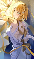 1girl absurdres aglaea_(honkai:_star_rail) ancient_greek_clothes back backless_dress backless_outfit blonde_hair breasts commentary_request dress greco-roman_clothes green_eyes highres honkai:_star_rail honkai_(series) laurel_crown parted_lips short_hair solo thread white_dress yato_(yama0x1)