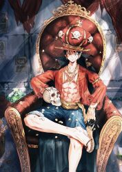Rule 34 | 1boy, abs, black hair, blue shorts, coat, coat on shoulders, collared coat, commentary request, crown, full body, highres, looking at viewer, male focus, monkey d. luffy, one piece, red shirt, sandals, sash, sc scandium, scar, scar on face, shirt, short hair, shorts, sitting, skull, smile, solo, yellow sash