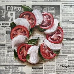 absurdres basil_leaf cheese food food_focus highres julia_stankevych newspaper no_humans oil_painting_(medium) original painting_(medium) pepper_(spice) photo_(medium) realistic salad signature still_life tomato tomato_slice traditional_media wall_of_text