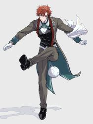 1boy absurdres ball black_shoes butler commentary_request fire_emblem fire_emblem:_three_houses full_body highres kicking nintendo red_eyes red_hair shoes soccer_ball solo sylvain_jose_gautier umi_(_oneinchswing)