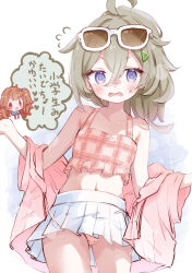 2girls @_@ alternate_hairstyle bikini blush chibi chibi_inset coffeeikka commentary_request eyewear_on_head grey_hair hair_ornament hairclip hibi_wa_sugiredo_meshi_umashi higa_tsutsuji highres hood hoodie looking_down multiple_girls navel nervous off_shoulder ogawa_shinon open_mouth pink_bikini pink_hoodie pleated_skirt ponytail purple_eyes skirt squiggle_eyes sweat swimsuit translated