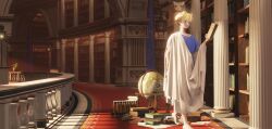 1boy aged_down barefoot blonde_hair blue_eyes blue_tunic book bracelet child column commentary english_commentary fxing9605 globe gold_bracelet gold_trim highres holding holding_book jewelry lantern laurel_crown library pillar plant potted_plant primarch robe roboute_guilliman short_hair solo tunic warhammer_40k