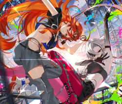 2girls arlecchino_(genshin_impact) arm_up armpits black_hands black_shoes blue_socks breasts cleavage colored_extremities eyewear_on_head genshin_impact glasses grey_hair hair_between_eyes hoyofair long_hair looking_at_viewer mavuika_(genshin_impact) midriff multicolored_hair multiple_girls navel outdoors pants pantyhose pink_pantyhose red_hair scottie_(phantom2) shoes socks streetwear symbol-shaped_pupils symbol_in_eye torn_clothes torn_pants underboob white_shoes