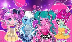 4girls alie_lectric alien android antennae aqua_hair argyle_clothes argyle_skirt ari_roma bad_id bad_twitter_id bare_arms bare_shoulders belt belt_buckle black_bow black_skirt blue_eyes blue_eyeshadow blue_hair blue_leotard blue_lips blue_skirt blue_tongue blunt_bangs blunt_ends bob_cut bow bow-shaped_hair bracelet bubble_skirt buckle buttons chocofish closed_mouth collarbone colored_skin colored_tongue commentary cowboy_shot dot_nose double_v dress english_commentary eyelashes eyeshadow facepaint glitter green_lips grey_belt grey_eyeshadow grey_shirt grey_skirt hair_through_headwear hair_tie halftone halftone_background hand_on_own_hip hand_up hat hat_bow helmet instagram_username jewelry lace lace-trimmed_dress lace_trim leotard light_particles lipstick long_hair long_sidelocks mae_tallick makeup messy_hair miniskirt multicolored_hair multicolored_skirt multiple_girls novi_stars one_eye_closed outline own_hands_together pink_background pink_bow pink_eyes pink_eyeshadow pink_hair pink_sash pink_shirt pink_skin planet planetary_ring pleated_dress pointy_ears puffy_short_sleeves puffy_sleeves purple_background sash see-through_clothes see-through_dress shirt short_dress short_hair short_sleeves short_twintails sidelocks skirt sleeveless sleeveless_dress sleeveless_shirt smile space_helmet sparkling_eyes standing star_(symbol) strapless strapless_dress streaked_hair teeth twintails twitter_username two-tone_background una_verse upper_teeth_only v very_long_hair waist_sash watermark wavy_hair white_hair white_outline white_skirt yellow_dress