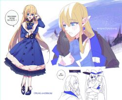 1girl blonde_hair blue_eyes elf highres looking_at_viewer mabinogi night night_sky oceanneverwet pointy_ears portia_(mabinogi) sky smile winter_clothes