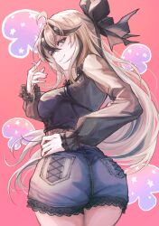 Rule 34 | 1girl, ass, ass focus, bare shoulders, black hair, blonde hair, bow, breasts, chongus dongus, come hither, from behind, green eyes, hair bow, huge ass, large breasts, long hair, looking at viewer, mello (vtuber), multicolored hair, naughty face, short shorts, shorts, sideboob, smile, solo, very long hair, virtual youtuber