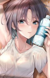 1girl arm_up armpits asakura_toru blue_eyes blue_hair blue_nails blush bottle bra bra_visible_through_clothes breasts brown_hair collarbone from_above gradient_hair hand_up highres holding holding_bottle idolmaster idolmaster_shiny_colors looking_at_viewer lying medium_breasts multicolored_hair nail_polish on_back parted_bangs see-through_clothes shirt short_hair short_sleeves sleeves_rolled_up smile solo sports_drink sweat tongue tongue_out underwear upper_body wet wet_clothes wet_shirt white_bra white_shirt wooden_floor yuzuyu_(hyui)
