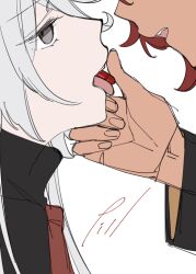 2girls commentary dark-skinned_female dark_skin grey_eyes gundam gundam_suisei_no_majo hand_on_another&#039;s_face highres long_hair long_sleeves miorine_rembran multiple_girls open_mouth pill red_hair simple_background suletta_mercury tongue tongue_out white_background white_hair yuri zhuotian