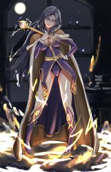 1girl absurdres black_hair blush book boots breasts brown_cape cape cleavage closed_mouth commentary_request dress full_body full_moon fur-trimmed_cape fur_trim gold_trim hand_on_own_hip head_tilt hgus5855 highres holding holding_staff indoors large_breasts long_hair looking_at_viewer magic moon night orange_eyes purple_boots purple_dress ragnarok_online short_dress smile solo staff standing underlighting very_long_hair window wizard_(ragnarok_online)
