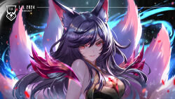 1girl ahri_(league_of_legends) amatsuki_rei animal_ear_fluff animal_ears bare_shoulders black_dress black_hair breasts brown_dress cleavage_cutout clip_studio_paint_(medium) clothing_cutout commentary_request dress energy facial_mark floating_hair fox_ears fox_girl gem hair_between_eyes highres kitsune league_of_legends long_hair looking_at_viewer medium_breasts multicolored_dress multiple_tails official_alternate_costume parted_lips red_dress red_eyes red_gemstone risen_legend_ahri signature smile solo tail turtleneck turtleneck_dress upper_body