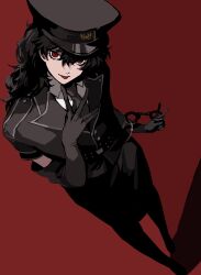 1boy amamiya_ren androgynous belt black_gloves black_hair black_hat black_jacket black_necktie black_skirt collared_shirt crossdressing cuffs elbow_gloves gloves hair_between_eyes handcuffs hat highres holding holding_handcuffs jacket long_hair looking_at_viewer male_focus necktie persona persona_5 persona_5:_dancing_star_night persona_dancing police police_hat police_uniform red_background red_eyes saichuu_(more1208) shirt simple_background skirt smile solo standing tongue tongue_out trap wavy_hair white_shirt