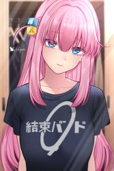 1girl black_shirt blue_eyes bocchi_the_rock! expressionless gotoh_hitori hair_ornament long_hair looking_at_viewer pink_hair shirt solo solo_focus sylphynia twitter_username