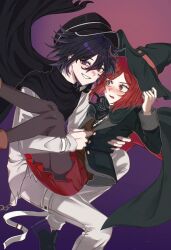 1boy 1girl :d black_cape black_hair black_hat blush brown_eyes brown_vest cape carrying danganronpa_(series) danganronpa_v3:_killing_harmony gradient_background grin hat highres jacket jjigjjikk long_sleeves neck_ribbon oma_kokichi open_mouth pants peaked_cap pleated_skirt princess_carry purple_background purple_hair red_skirt ribbon shoes skirt smile teeth vest white_jacket white_pants yumeno_himiko