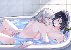 2girls absurdres bath bathtub between_legs blush breasts chinese_commentary collarbone commentary_request completely_nude grey_hair highres indoors large_breasts medium_hair multiple_girls nude original parted_lips partially_submerged purple_hair red_eyes same-sex_bathing shared_bathing shenxun smile tile_wall tiles wet yuri
