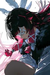 1girl angel_wings black_hair blunt_bangs closed_eyes closed_mouth columbina_(genshin_impact) eye_mask feathered_wings from_side fur_trim genshin_impact gradient_hair head_wings jacket low-tied_sidelocks multicolored_hair multiple_wings notrrrrichh red_hair sidelocks solo white_jacket white_wings wings
