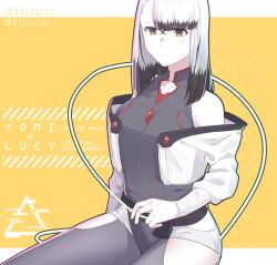 Rule 34 | 1girl, black hair, blunt bangs, breasts, brown eyes, character name, collarbone, colored tips, commentary request, copyright name, cosplay, cyberpunk (series), cyberpunk edgerunners, dated, grey leotard, heattech leotard, highleg, highleg leotard, highres, jacket, jouhou, leotard, long sleeves, looking at viewer, lucy (cyberpunk), lucy (cyberpunk) (cosplay), medium breasts, medium hair, multicolored hair, off-shoulder jacket, off shoulder, parted lips, satsuki yomi, sitting, sleeveless, sleeveless turtleneck leotard, solo, toji no miko, turtleneck, twitter username, white hair, white jacket