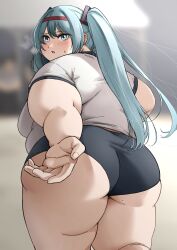 1girl aqua_eyes aqua_hair ass baton_pass blue_shorts blush buruma fat fat_woman from_behind gym_shirt gym_shorts gym_uniform hair_ornament hatsune_miku headband huge_ass long_hair long_twintails looking_back open_mouth reaching red_headband rin_noheki running shirt short_shorts shorts solo standing sweat t-shirt thick_arms thick_thighs thighs tight_clothes twintails vocaloid white_shirt