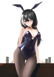 1girl alternate_costume animal_ears bare_shoulders black_hair black_leotard black_pantyhose blush bow breasts cleavage closed_mouth collar commentary cowboy_shot detached_collar e20_(79324944) fake_animal_ears girls&#039;_frontline girls&#039;_frontline_2:_exilium hair_ornament hair_scrunchie heterochromia highres large_breasts leotard long_hair looking_at_viewer multicolored_hair pantyhose playboy_bunny poker_chip rabbit_ears red_eyes ro635_(girls&#039;_frontline) robella_(girls&#039;_frontline_2) scrunchie simple_background solo streaked_hair two-tone_hair white_background white_collar yellow_bow yellow_eyes yellow_scrunchie