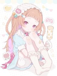 1girl arched_bangs bandaid bandaid_on_knee bandaid_on_leg bloomers blue_dress blunt_bangs bobby_socks braid brown_hair child closed_mouth colored_inner_hair commentary commission dress full_body highres indie_virtual_youtuber itetenoi kneehighs knees_to_chest looking_at_viewer multicolored_hair no_shoes puffy_short_sleeves puffy_sleeves purple_eyes purple_hair short_sleeves sitting skeb_commission socks solo symbol-only_commentary twin_braids two-tone_hair underwear white_bloomers