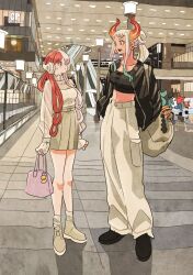 2girls 3boys alternate_costume alternate_hairstyle aqua_hair asymmetrical_hair bag black_footwear black_jacket black_shirt blush breasts brown_skirt casual ceiling_light character_doll club club_(weapon) collar commentary contemporary crop_top cropped_shirt escalator fashion frilled_collar frills full_body gradient_hair grey_pants hair_over_one_eye hair_rings handbag headphones highres horns indoors jacket kanabou long_hair long_sleeves looking_at_another mall medium_breasts miniskirt monkey_d._luffy multicolored_hair multiple_boys multiple_girls navel one_piece oni_horns open_clothes open_jacket open_mouth orange_eyes pants pink_hair pleated_skirt ponytail purple_eyes red_hair see-through_clothes see-through_sleeves shirt shoes shoulder_bag sidelocks skirt sleeves_past_wrists smile socks standing stomach sweatdrop takeuchi_ryousuke tony_tony_chopper twintails two-tone_hair usopp uta_(one_piece) weapon white_hair white_shirt yamato_(one_piece)