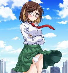 1girl blush breasts brown_eyes brown_hair closed_mouth crossed_arms glasses koga_konoha large_breasts looking_at_viewer necktie ninja_to_koroshiya_no_futarigurashi outdoors panties pantyshot red_necktie school_uniform short_hair sky solo tachibana_hiroki underwear white_panties