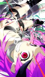1girl boots breasts chained_wrists collar grin heterochromia highres horns kishirika_kishirisu long_hair looking_at_viewer metal_collar mushoku_tensei navel purple_eyes purple_hair red_eyes sharp_teeth short_shorts shorts small_breasts smile solo strapless teeth tochi_keisuke tube_top upside-down