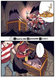 Rule 34 | absurdres, cave, cave interior, coin, diamond (gemstone), dress, gold, gold coin, grey hair, hat, highres, holding, holding torch, hololive, hololive english, houshou marine, houshou marine (1st costume), jacket, koseki bijou, koseki bijou (1st costume), long hair, multicolored hair, multiple girls, pile of money, pink hair, pirate hat, purple hair, red hair, sailor, stalactite, stalagmite, sword, torch, treasure, treasure chest, twitter username, virtual youtuber, weapon, zetsuental