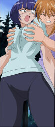 00s absurdres blue_hair breasts eyepatch grabbing_another&#039;s_breast groping highres ikkitousen large_breasts mole mole_under_mouth open_mouth orange_hair ryomou_shimei sonsaku_hakufu stitched third-party_edit