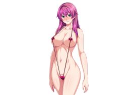 Rule 34 | 1girl, aqua eyes, areola slip, bikini, blush, breasts, cameltoe, collarbone, covered erect nipples, cowboy shot, embarrassed, game cg, gentle sasaki, large breasts, large variant set, long hair, looking at viewer, navel, non-web source, official art, pink hair, purple hair, shindou hatsune, slingshot swimsuit, solo, soukou senki prism reica, swimsuit, transparent background, variant set