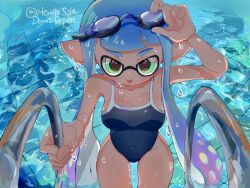 Rule 34 | 1girl, :p, artist name, blue one-piece swimsuit, breasts, commentary request, dark-skinned female, dark skin, goggles, goggles on head, gradient hair, green eyes, inkling, inkling girl, inkling player character, large breasts, long hair, looking at viewer, merute spla, multicolored hair, nintendo, one-piece swimsuit, pointy ears, purple hair, solo, splatoon (series), splatoon 3, swimsuit, tentacle hair, thick eyebrows, tongue, tongue out, two-tone hair, water