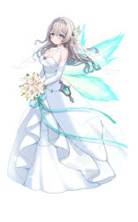 1girl absurdres alternate_costume aqua_hair bare_shoulders blush bouquet breasts bridal_veil cleavage closed_mouth commentary_request dress elbow_gloves firefly_(honkai:_star_rail) flower full_body gloves gradient_hair grey_hair hair_between_eyes hair_ornament highres holding holding_bouquet honkai:_star_rail honkai_(series) large_breasts long_hair looking_at_viewer multicolored_hair oguraponti purple_eyes simple_background sleeveless sleeveless_dress smile solo standing tiara veil very_long_hair watermark white_background white_dress white_flower white_gloves
