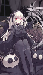 Rule 34 | 1girl, 2others, a bao a qu the lightless shadow, absurdres, black bow, black bowtie, black hairband, black pantyhose, blunt bangs, bow, bowtie, breasts, closed mouth, couch, curtains, duel monster, gothic lolita, hairband, highres, kanzakietc, lolita fashion, long hair, long sleeves, looking at viewer, medium breasts, multiple others, on couch, pantyhose, red eyes, sitting, very long hair, white hair, wide sleeves, window, yu-gi-oh!