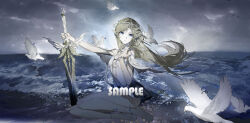 1girl absurdres bare_legs barefoot bird black_dress blonde_hair blue_eyes breasts cartethyia_(wuthering_waves) commentary_request crown_of_thorns deawei dress feet floating_hair full_body hand_up highres holding holding_sword holding_weapon legs looking_at_viewer ocean outdoors parted_lips partial_commentary planted planted_sword planted_weapon sample_watermark sitting small_breasts solo storm sword tabard tacet_mark_(wuthering_waves) watermark weapon white_bird white_tabard wind wuthering_waves yokozuwari
