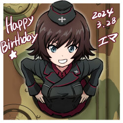 Rule 34 | 1girl, black hat, black jacket, blue eyes, camouflage, character name, commentary, dated, dress shirt, ehirorotoon, english text, from above, garrison cap, girls und panzer, grin, hands on own hips, happy birthday, hat, hida ema, highres, insignia, jacket, kuromorimine military uniform, long sleeves, looking at viewer, maus (tank), military hat, military uniform, military vehicle, motor vehicle, red shirt, shirt, short hair, smile, solo, star (symbol), tank, translated, wing collar